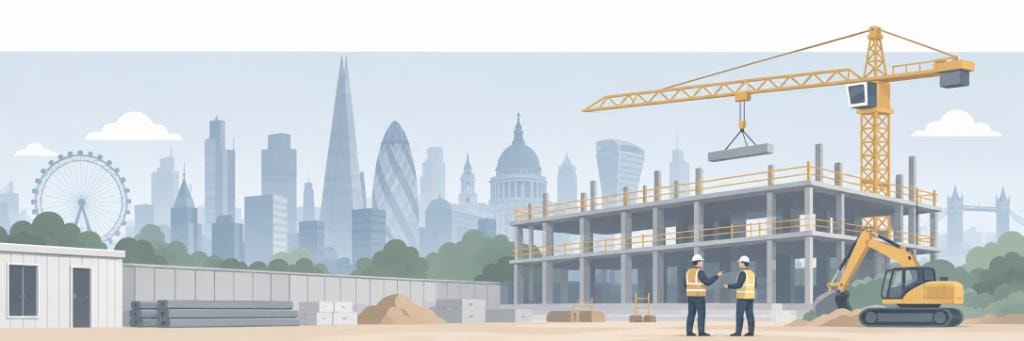 London construction site illustration with crane and city skyline